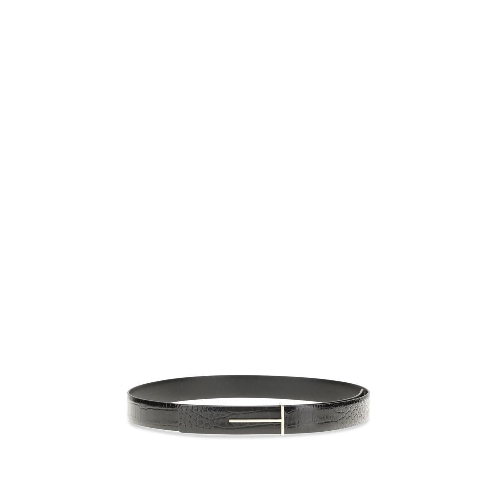 Tom Ford Crocodile-Effect Goatskin Belt in Black