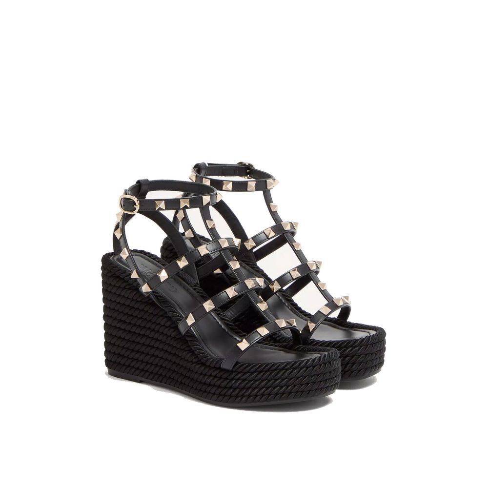 Black Calfskin Wedge Sandals