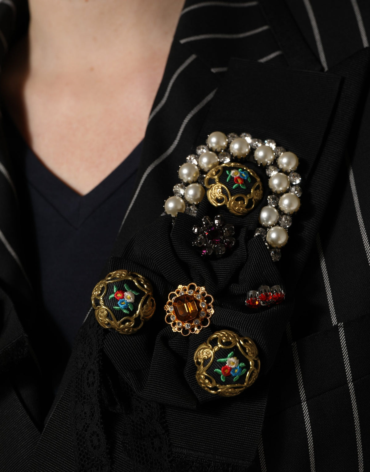 Dolce & Gabbana Black Pinstripe Floral-Appliqué Blazer
