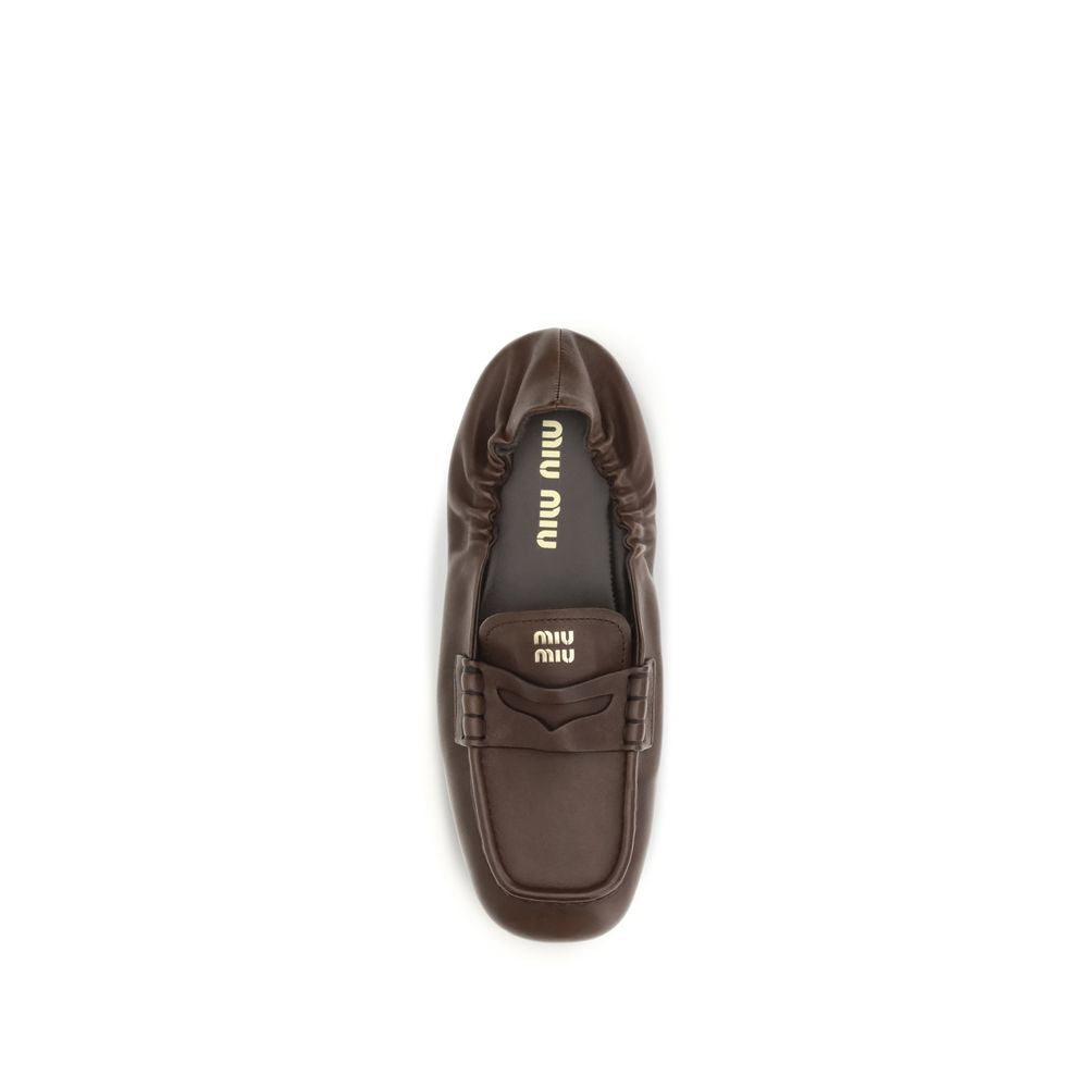 Miu Miu Ruches Penny Loafers in Brown Nappa Leather