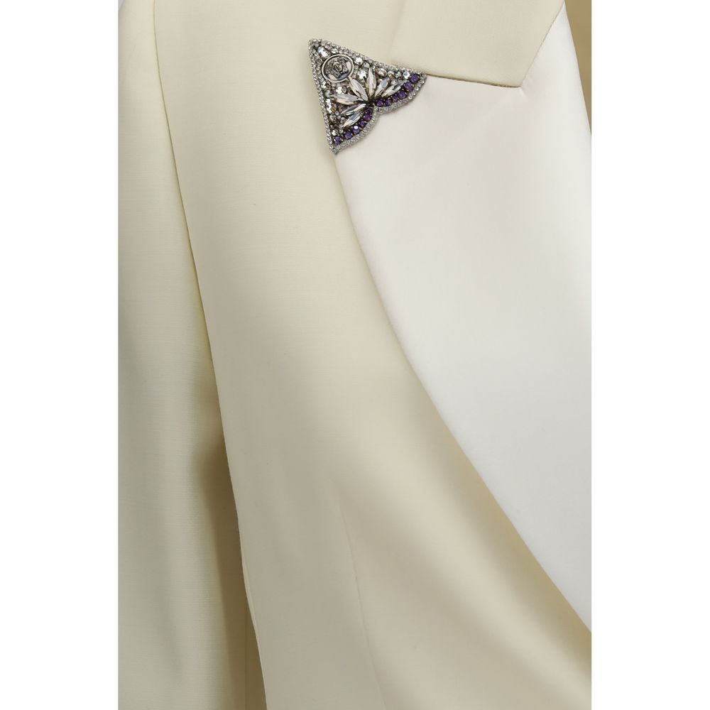 Versace Cream Embroidered-Lapel Stretch Wool Blazer