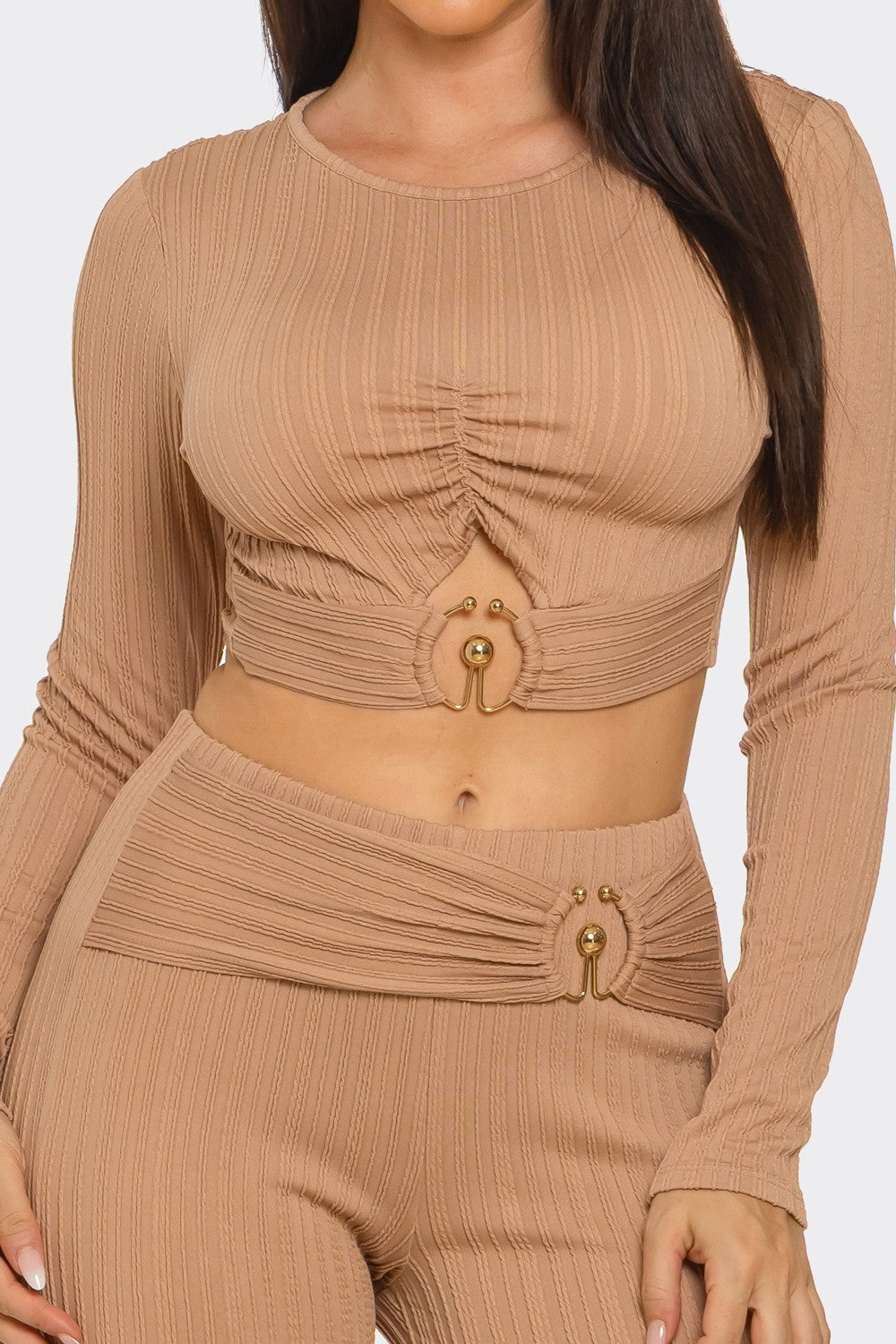 Ribbed Two-Piece Set – Metal Ring Cutout Crop Top & Flare Pants