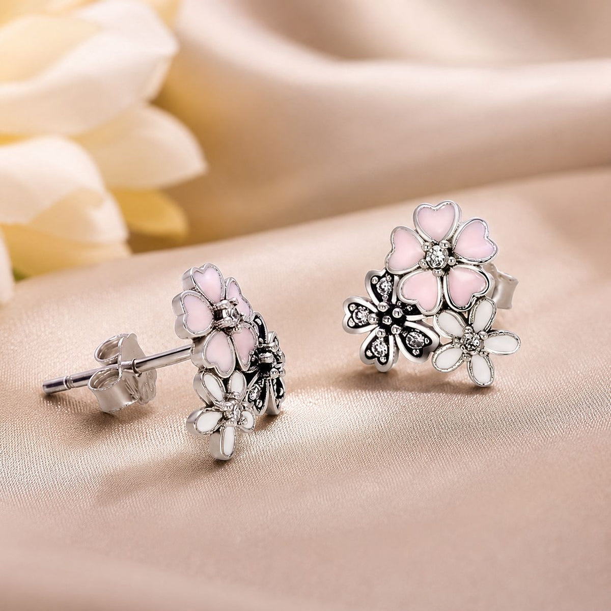 Sterling Silver Oxidized Pavé CZ Enamel Earrings