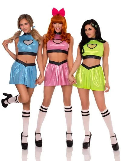 Leg Avenue® 3 PC Super Cutie Costume, Includes Shimmer Crop Top with Mesh Heart Panel, V-Front Skirt, and Bow Headband
