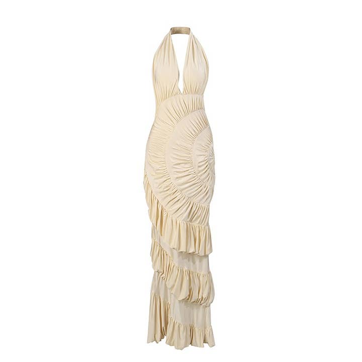 Halter Backless Ruched Ruffle Maxi Dress Elegant
