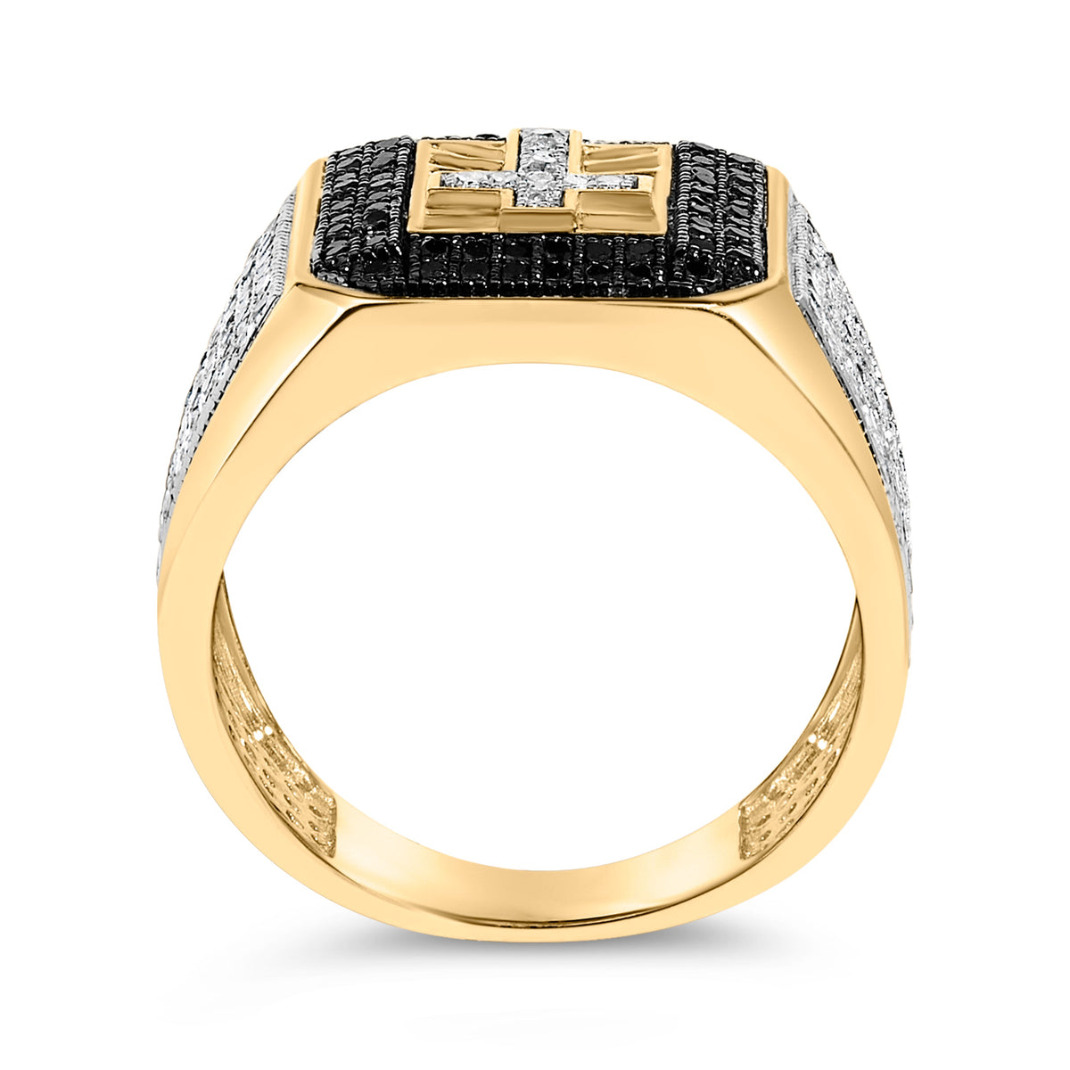 10K Yellow Gold White and Black Diamond Cross Signet Ring
