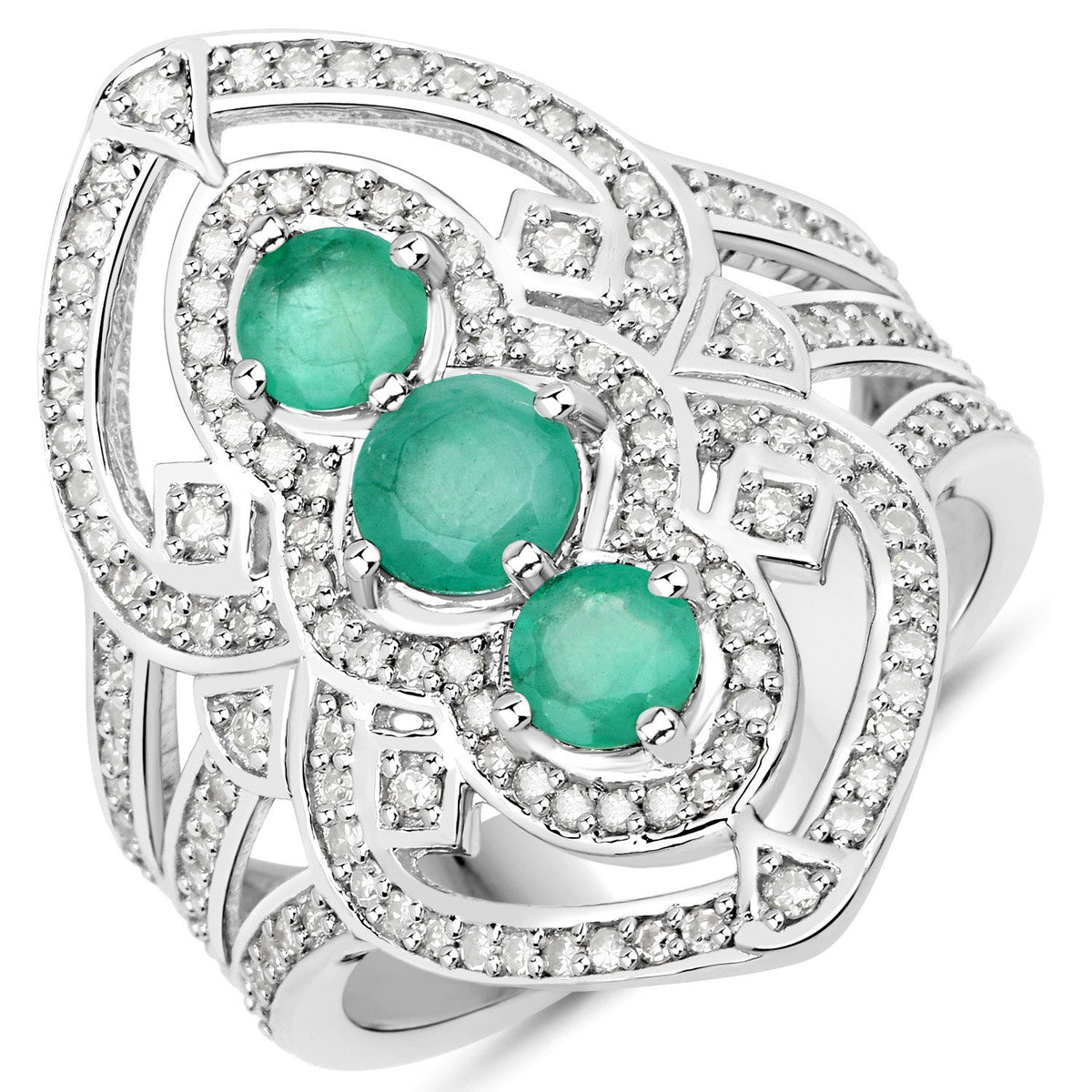 Sterling Silver Emerald and Diamond Cocktail Ring