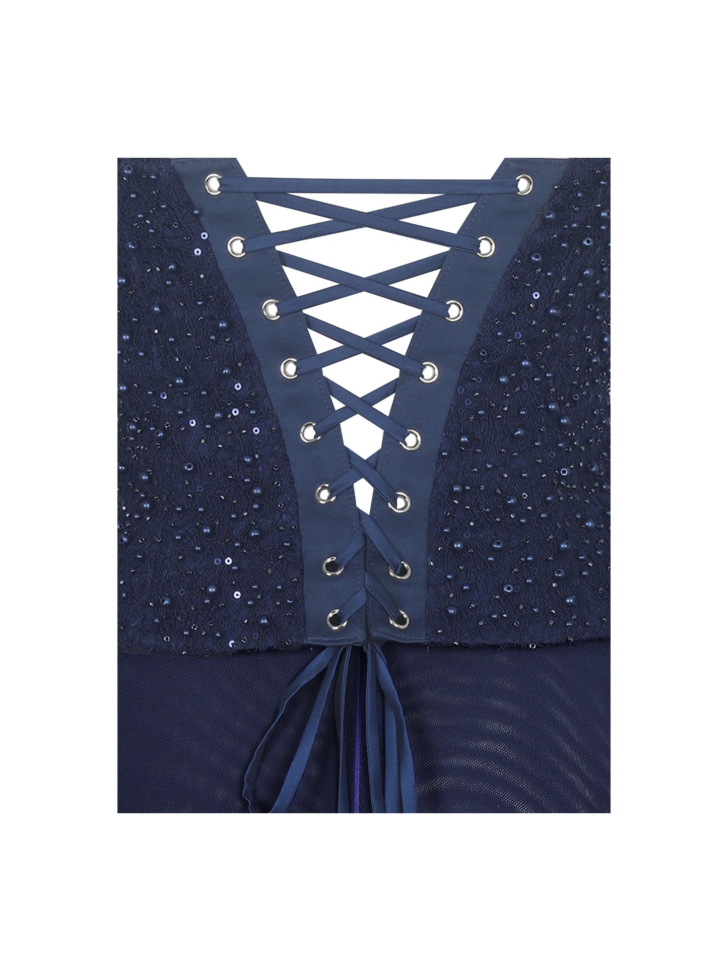 Orabelle Navy Beaded Peplum Mermaid Maxi Gown with Lace-up Back