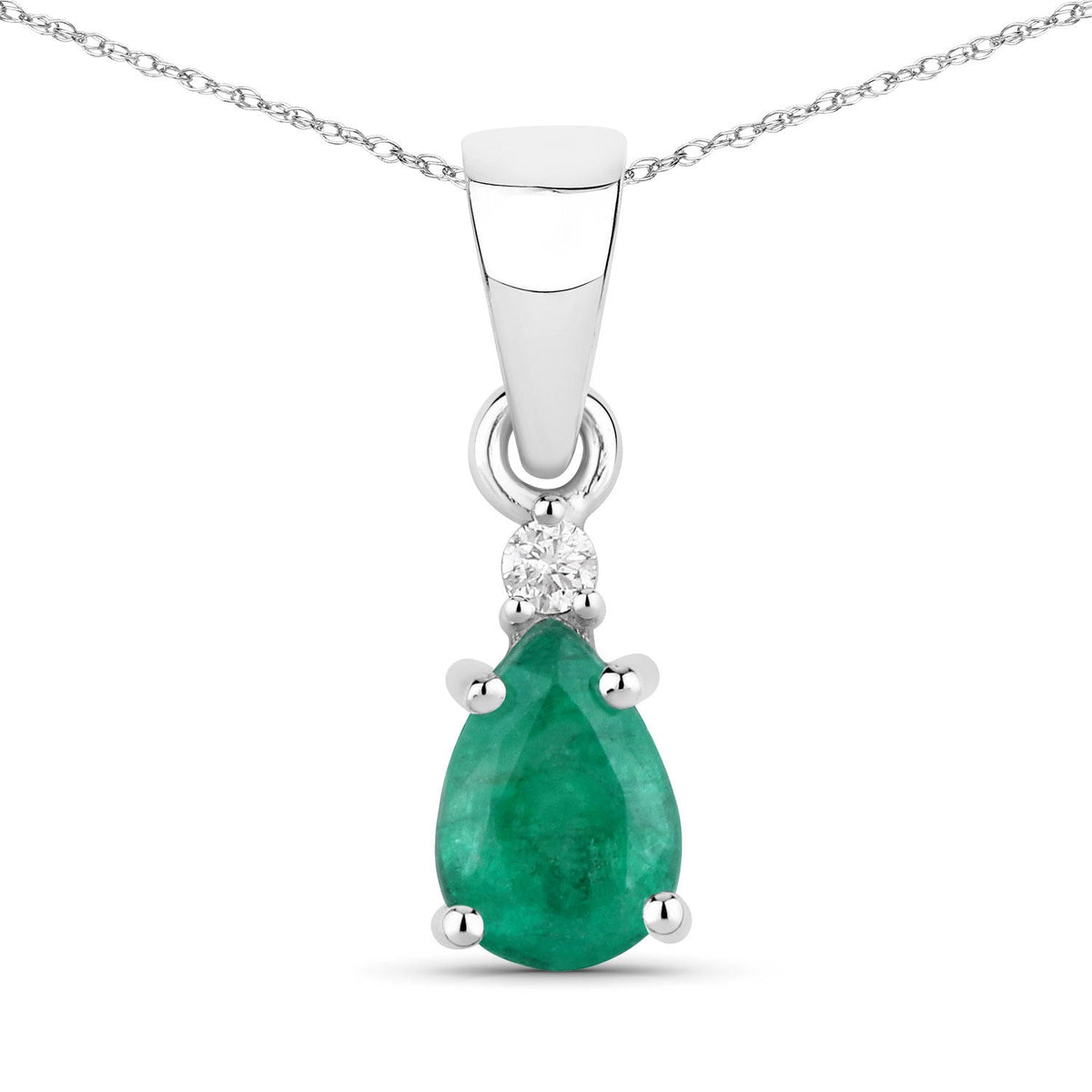 14K White Gold Zambian Emerald and White Diamond Pendant