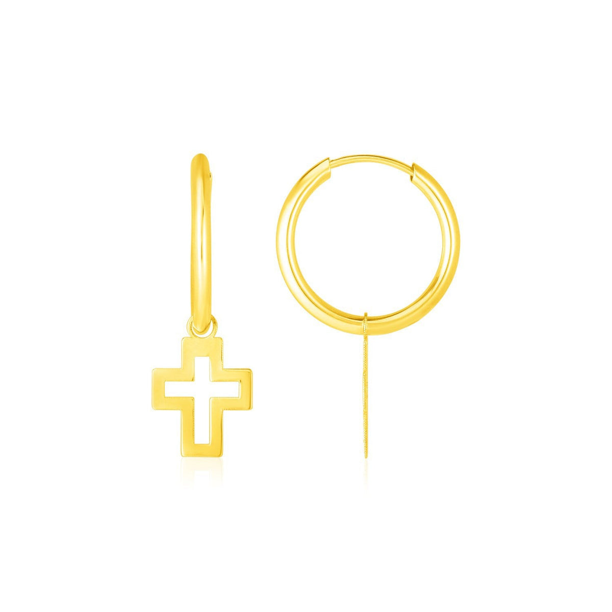14K Yellow Gold Cross Charm Hoop Earrings