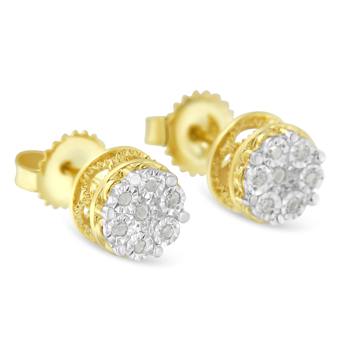 10K Yellow Gold over Sterling Silver Diamond Floral Cluster Stud Earrings
