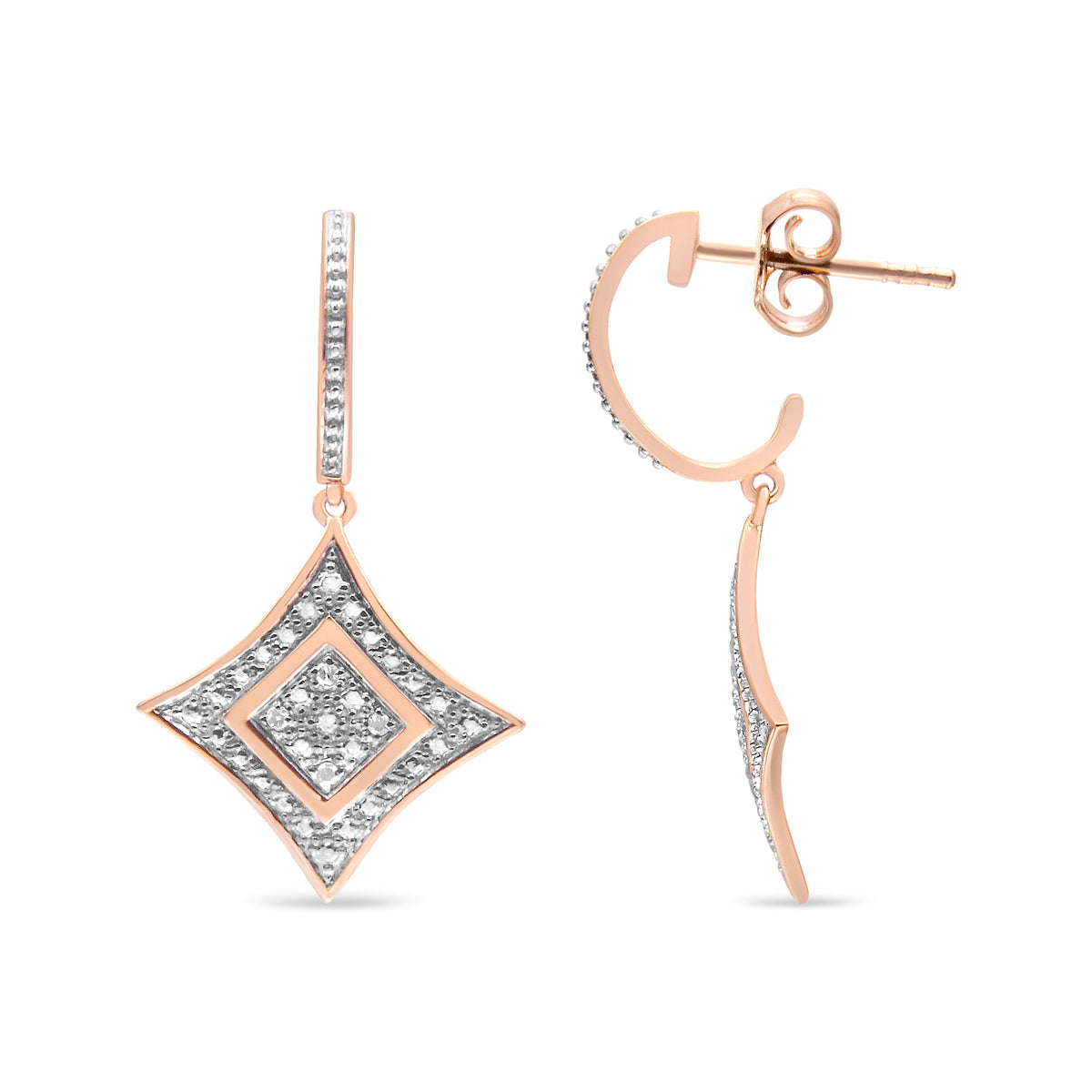Rose Gold Plated Sterling Silver Diamond Dangle Rhombus Earrings