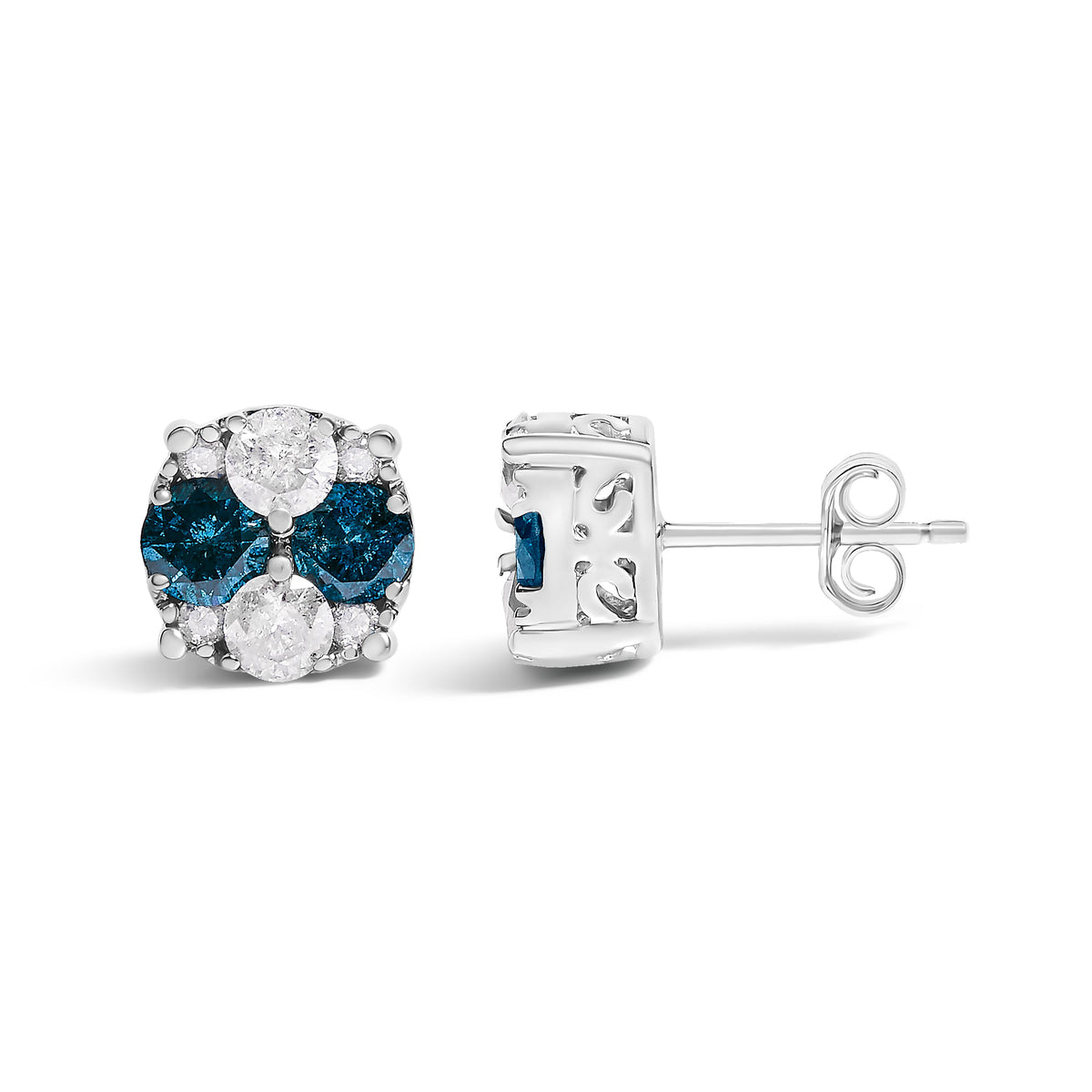 Sterling Silver Blue Diamond Composite Cluster Stud Earrings