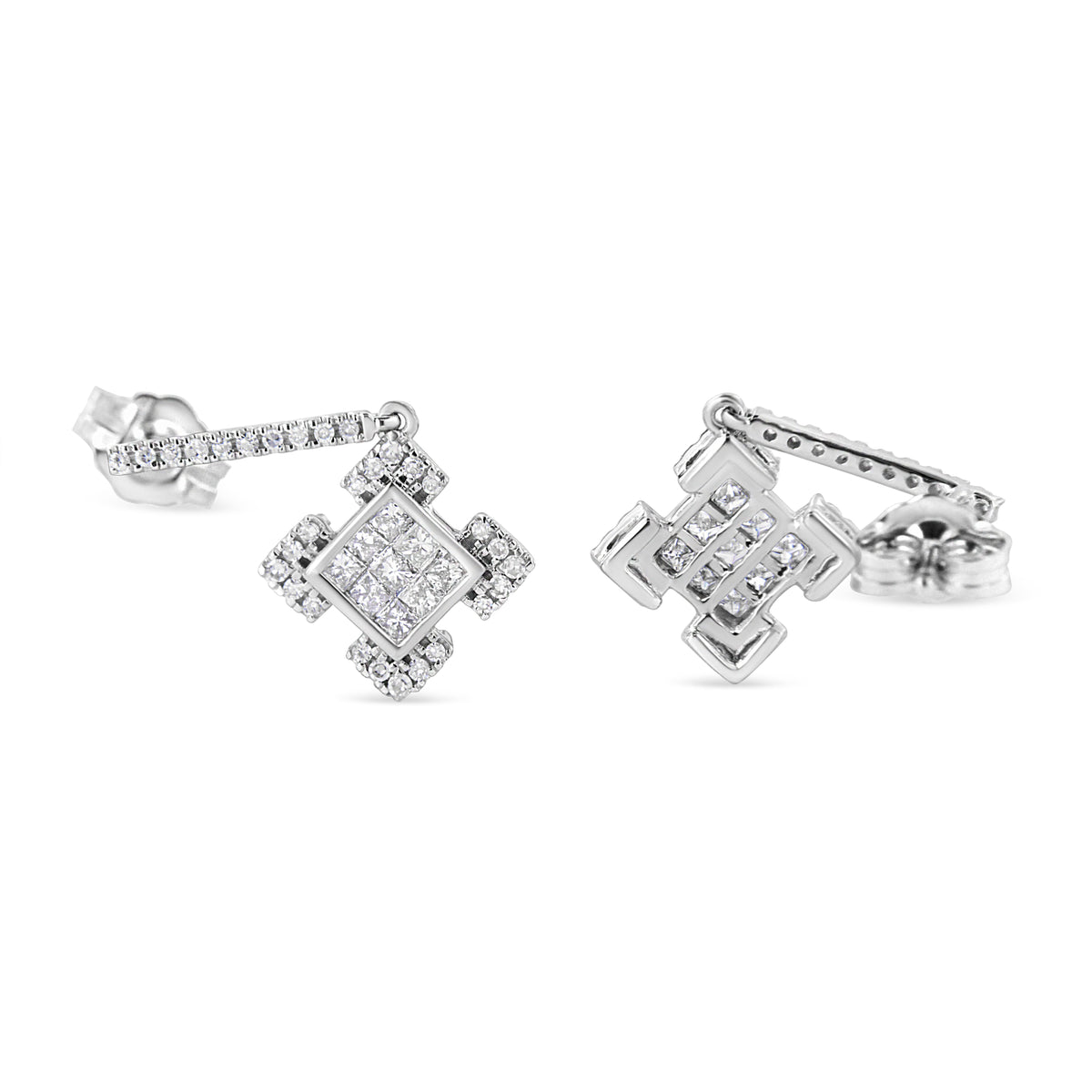 10K White Gold Diamond Geometric Composite Dangle Earrings