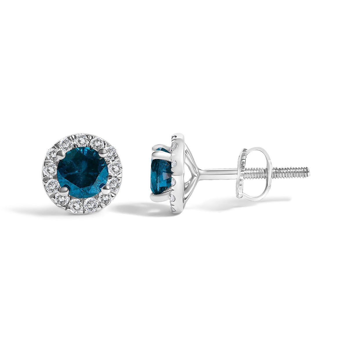 Sterling Silver Blue and White Diamond Halo Stud Earrings