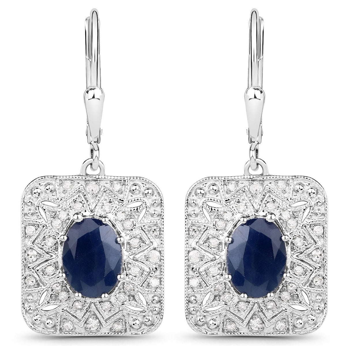 Sterling Silver Blue Sapphire and White Diamond Dangle Earrings