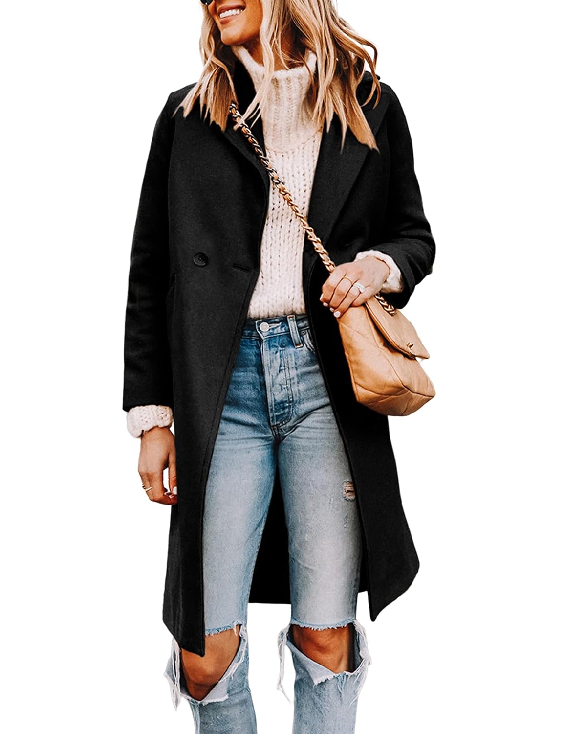 Notch Lapel Double Breasted Wool Blend Mid Long Pea Trench Coat