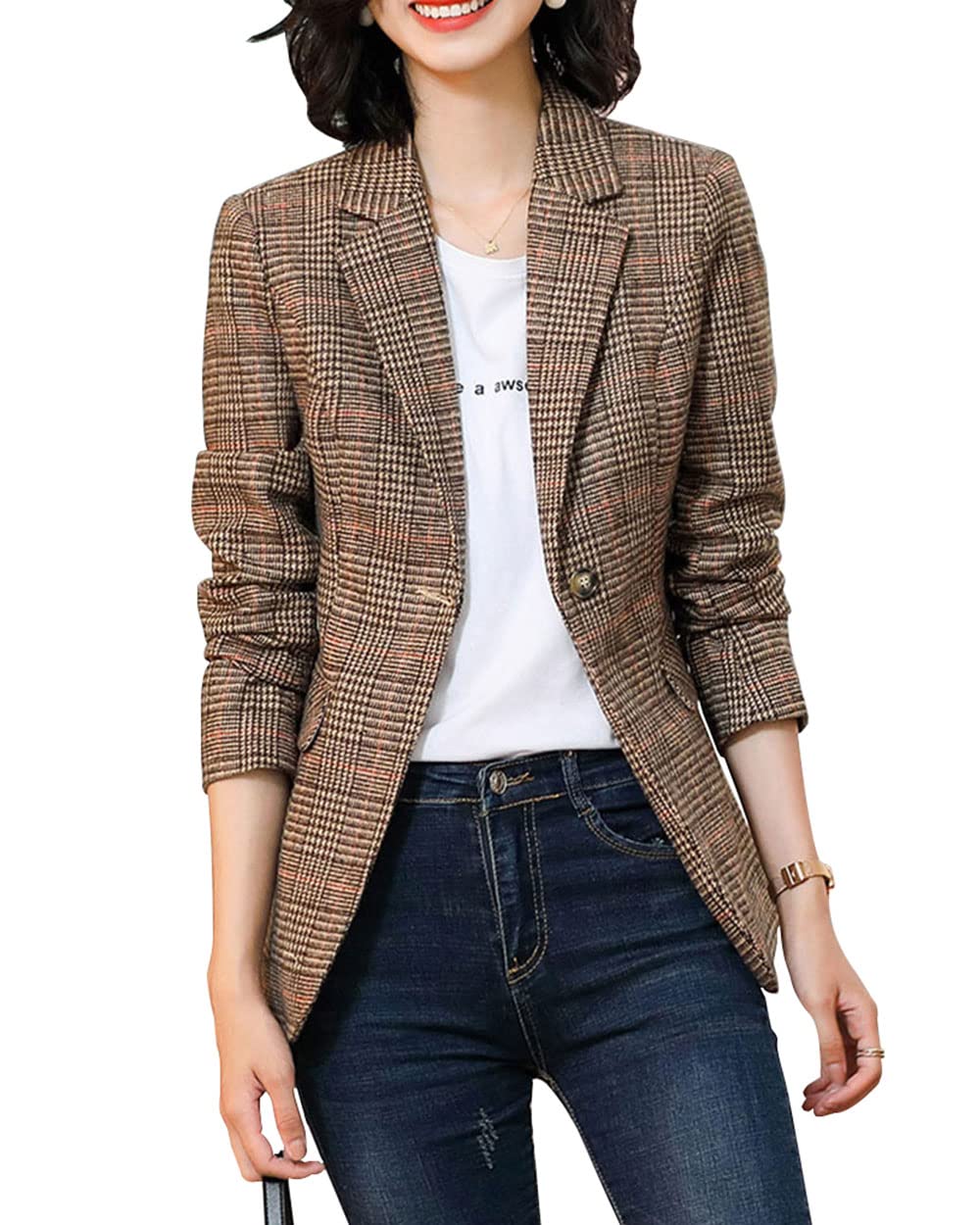2 Button Boyfriend Blazer Suit Houndstooth Plaid Jacket Coat