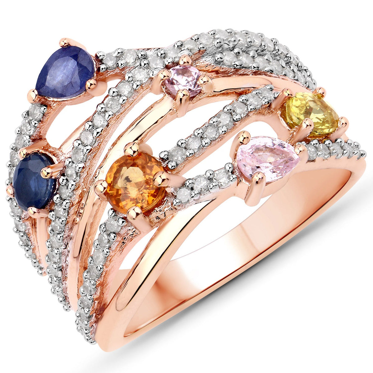 Sterling Silver Multi Sapphire and Diamond Ring