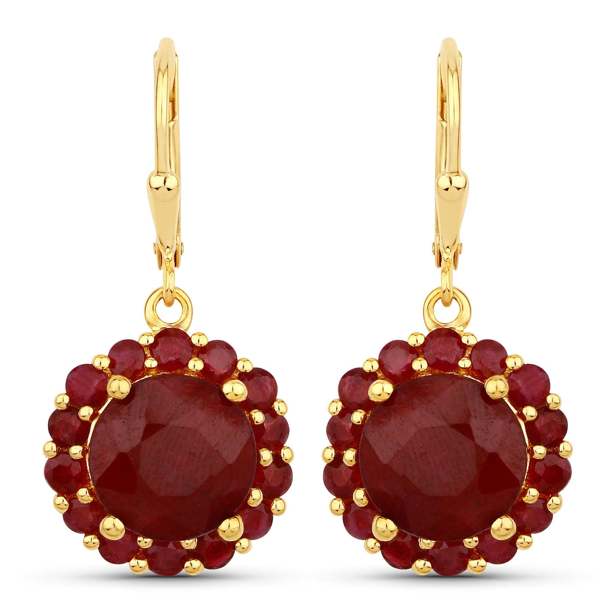 18K Yellow Gold Plated Sterling Silver Dyed Ruby & Ruby Halo Earrings