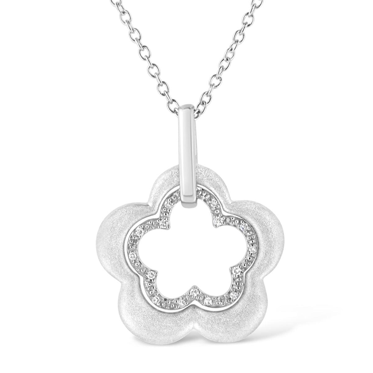 Sterling Silver Diamond Double Flower Pendant Necklace