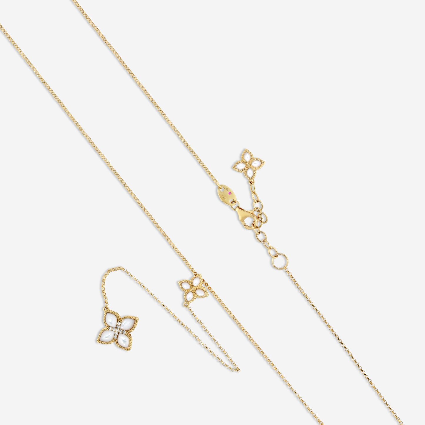 SIGNED PIECES GROUP Roberto Coin Venetian Princess 18K Yellow Gold Diamond & Mother of Pearl Flower Lariat Necklace