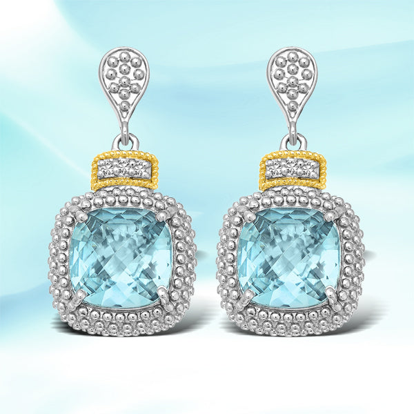18K Yellow Gold & Sterling Silver Sky Blue Topaz & Diamond Drop Earrings