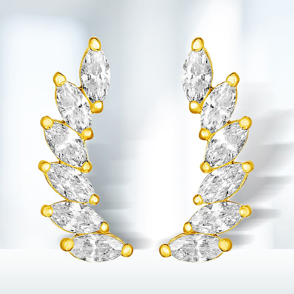 14K Yellow Gold Leaf Motif Marquise Cubic Zirconia Climber Earrings