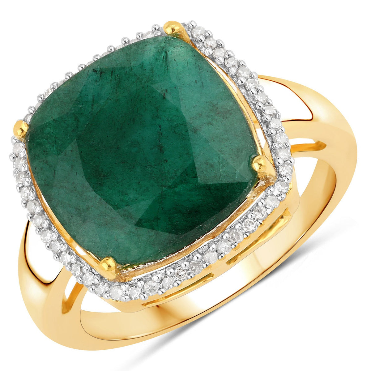 .925 Sterling Silver 18K Yellow Gold Plated Dyed Emerald and White Diamond Halo Ring