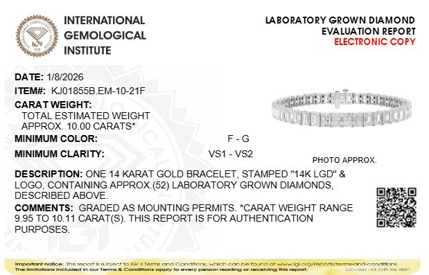14K White Gold Lab Grown Emerald Cut Diamond Tennis Bracelet