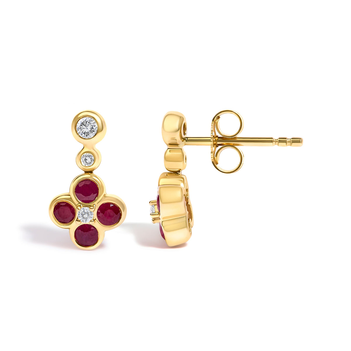 14K Yellow Gold Diamond and Ruby Floral Dangle Earrings