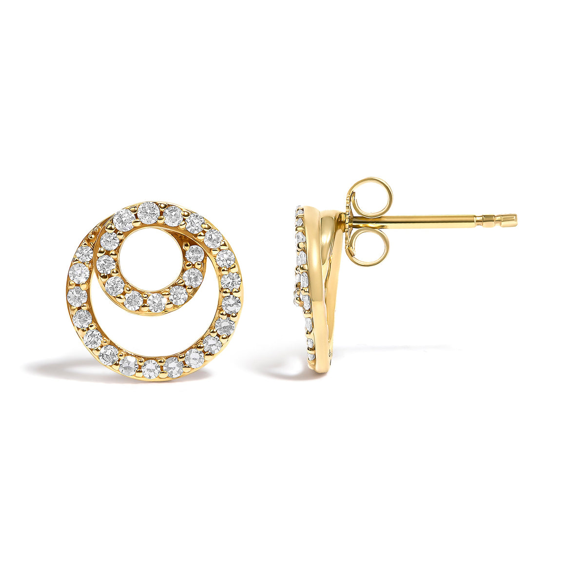 14K Yellow Gold Diamond Double Circle Stud Earrings