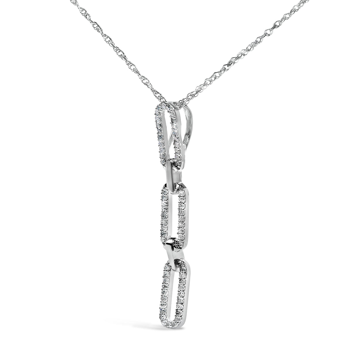 14K White Gold Diamond Triple Paper Clip Pendant Necklace