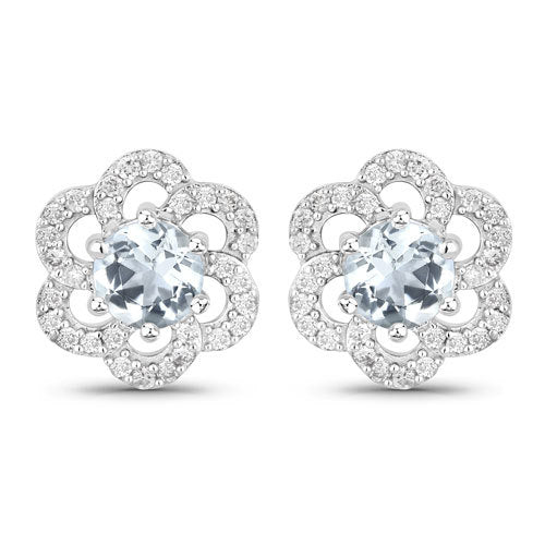 White Gold Aquamarine and Diamond Floral Earrings
