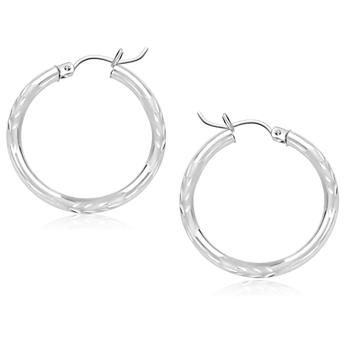 14K White Gold Diamond Cut Hoop Earrings