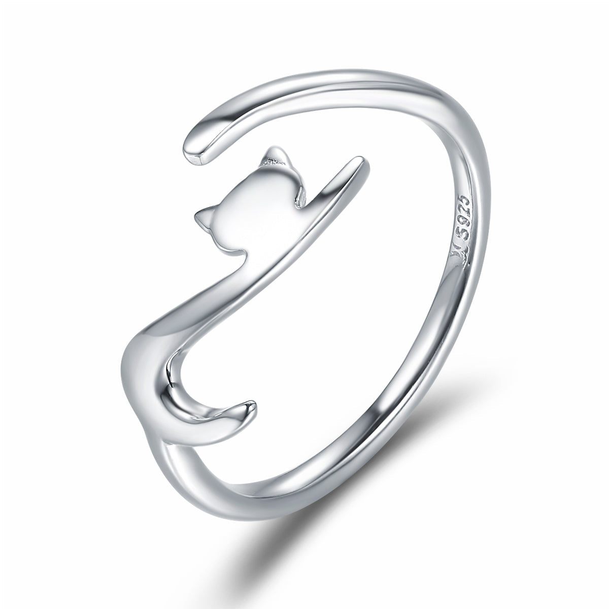 Sterling Silver Platinum Plated Cat Motif Ring