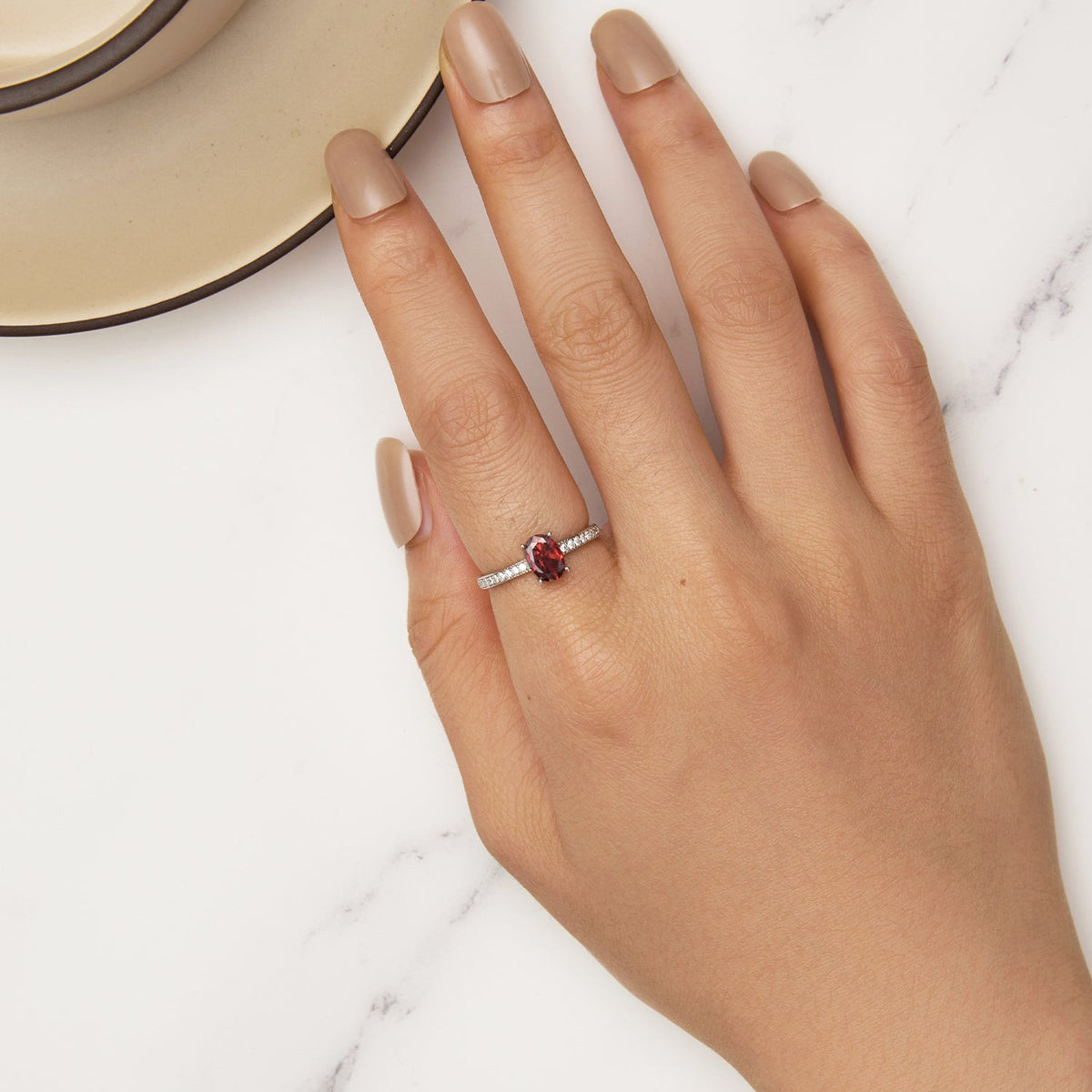 Sterling Silver Synthetic Garnet and CZ Pavé Ring