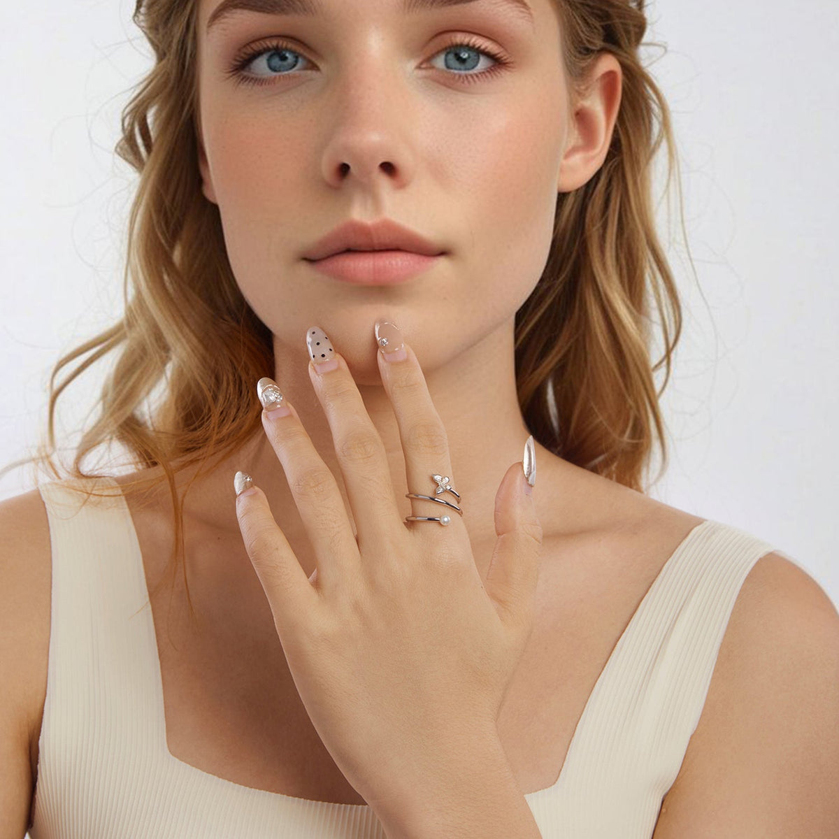 Sterling Silver White Gold Plated Pave CZ & Natural Pearl Ring