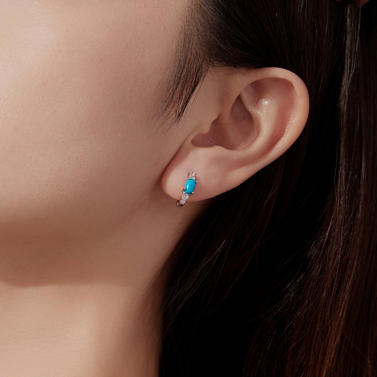 Sterling Silver White Gold Plated Synthetic Turquoise and CZ Hoop Earrings