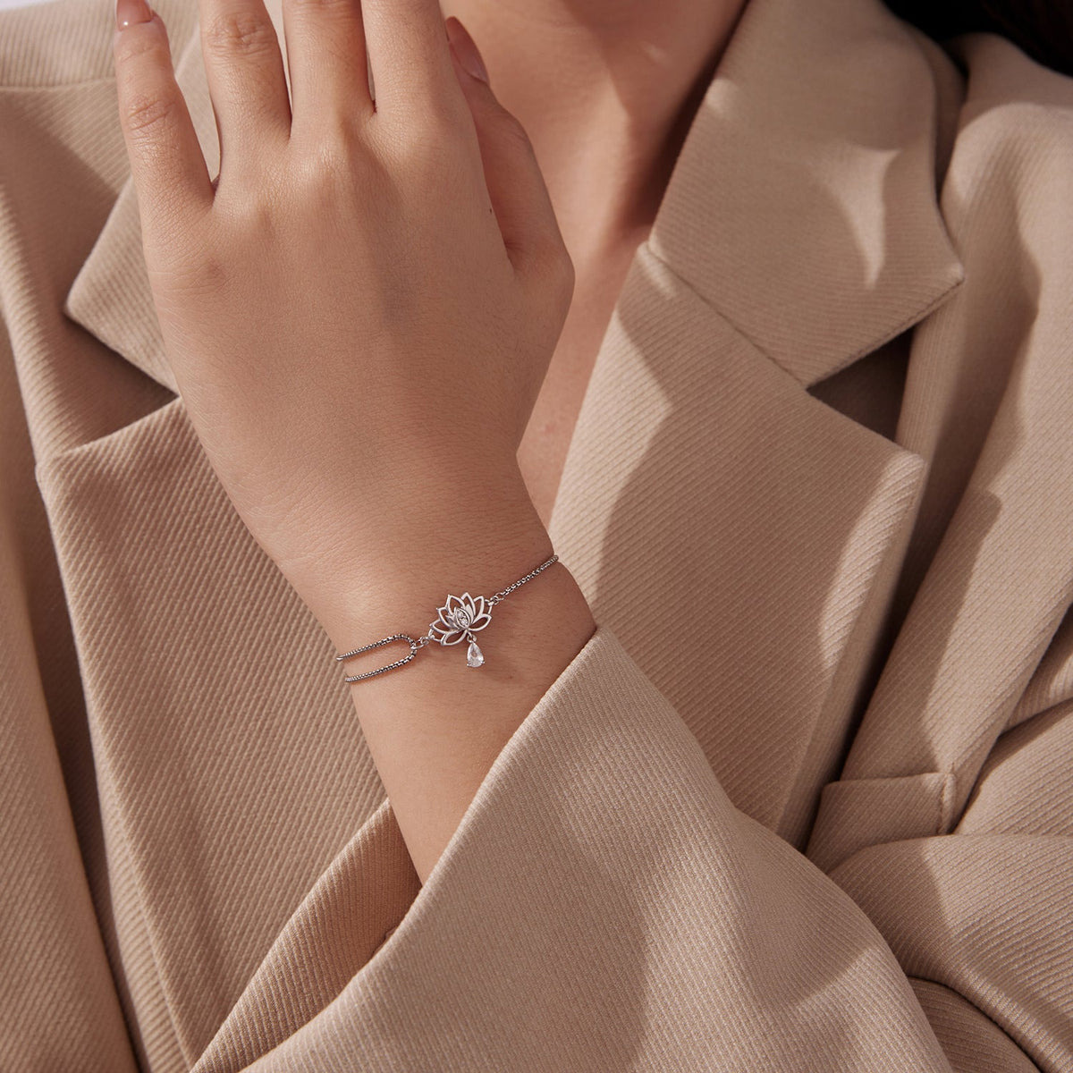 Sterling Silver White Gold Plated CZ Adjustable Chain Bracelet