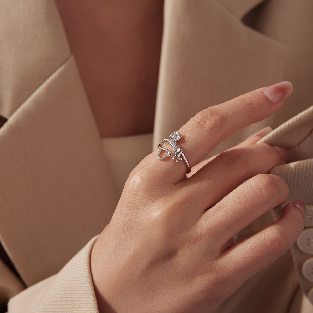 Sterling Silver White Gold Plated Horse Ring