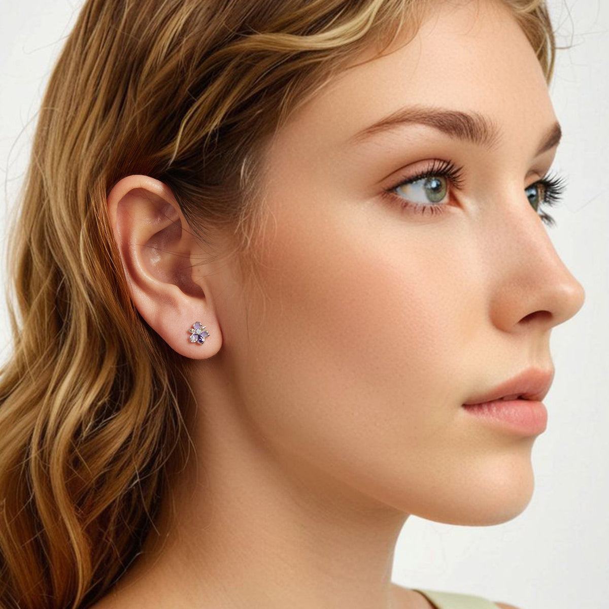 Sterling Silver White Gold Plated Nano Opal and CZ Pavé Stud Earrings