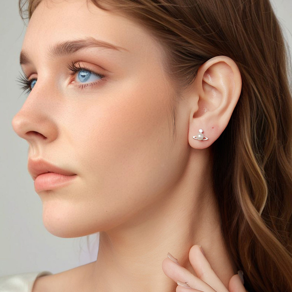 Sterling Silver White Gold Plated Shell Pearl Pavé Earrings
