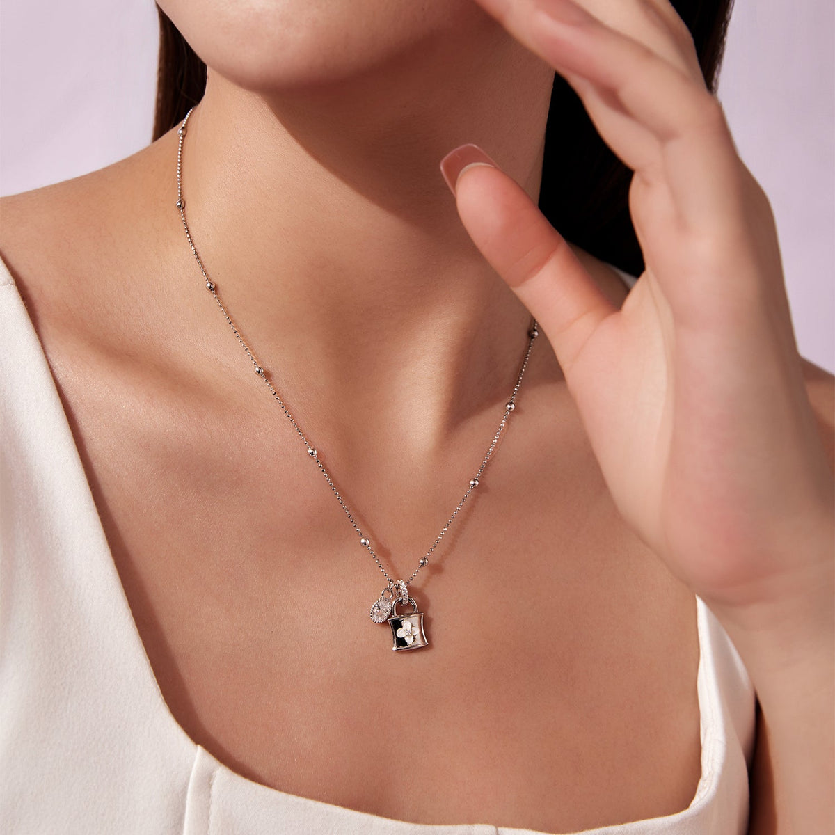 Sterling Silver White Gold Plated Nacre and CZ Pendant Necklace