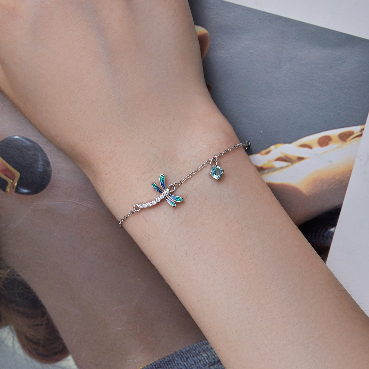 Sterling Silver Enamel & CZ Dragonfly Bracelet