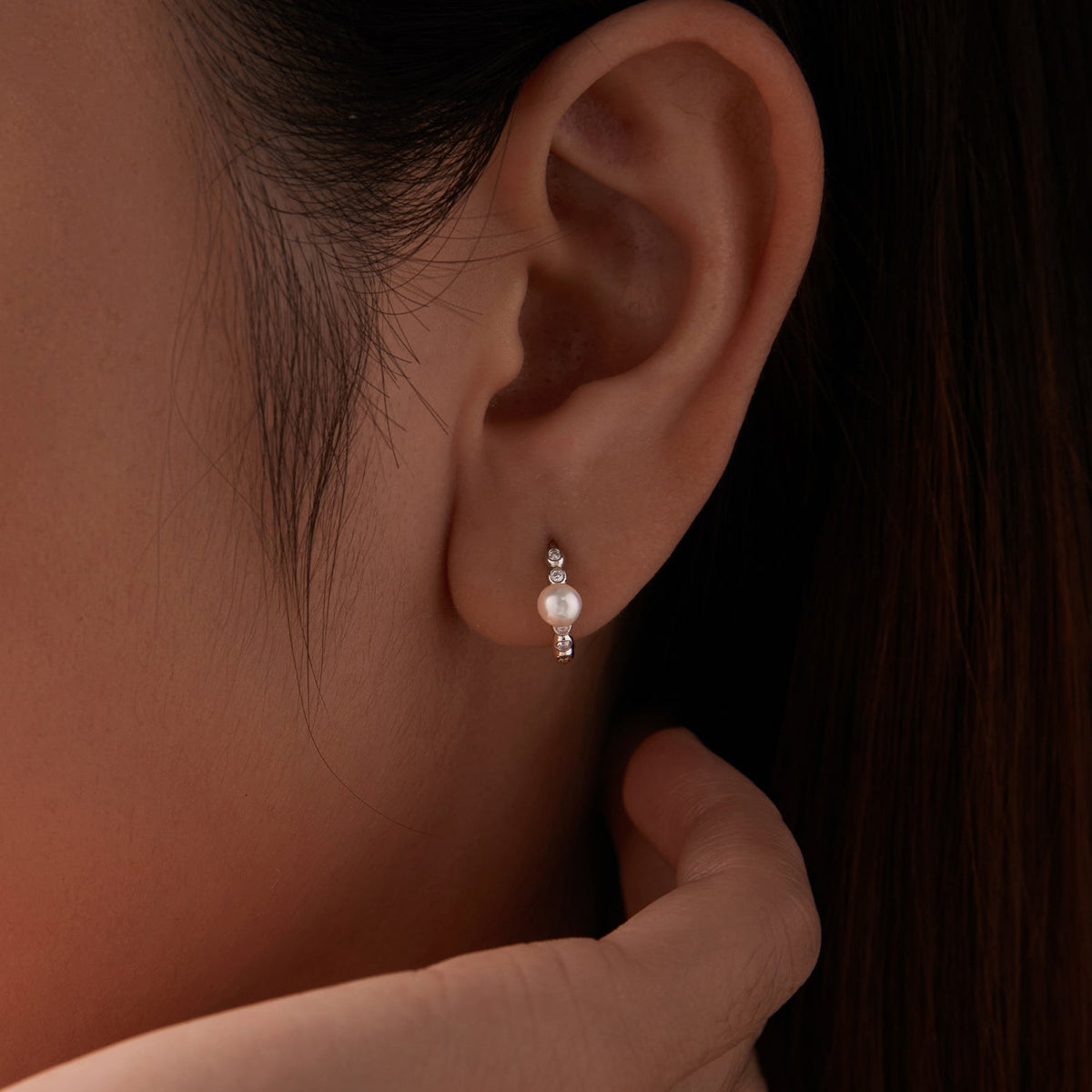 White Gold Plated Sterling Silver Moissanite and Pearl Hoop Earrings