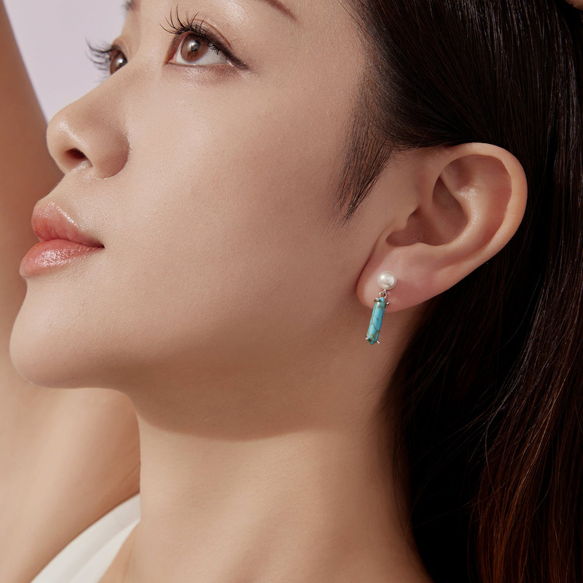 Sterling Silver Synthetic Turquoise and Pearl Drop Earrings