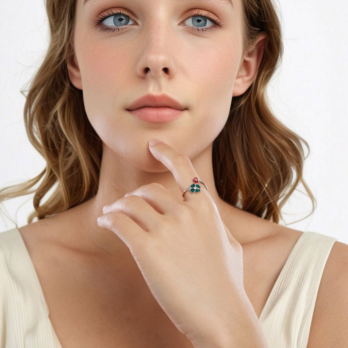 Sterling Silver Enamel CZ Ladybug Four-Leaf Clover Ring