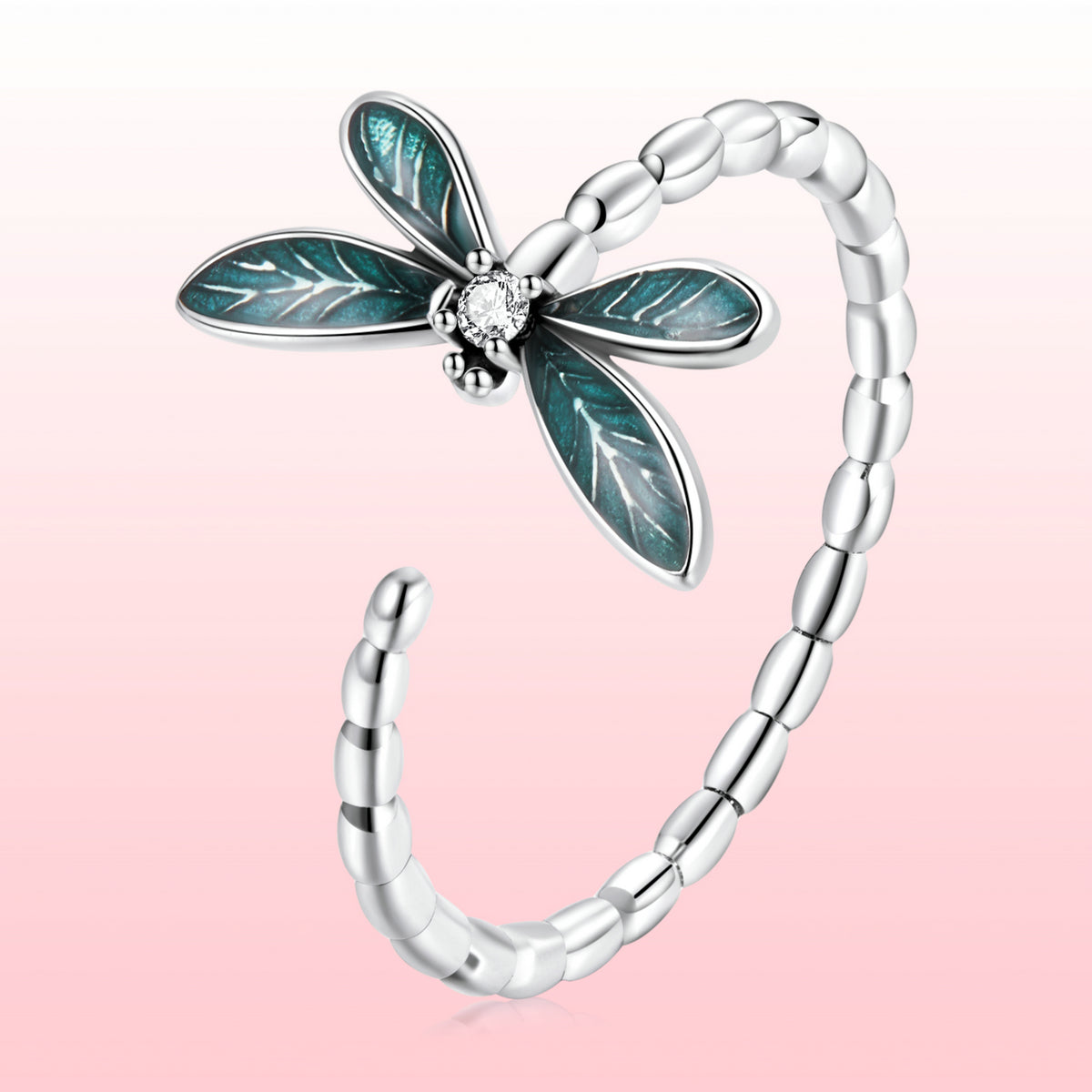 Sterling Silver Dragonfly, Enamel, CZ Ring