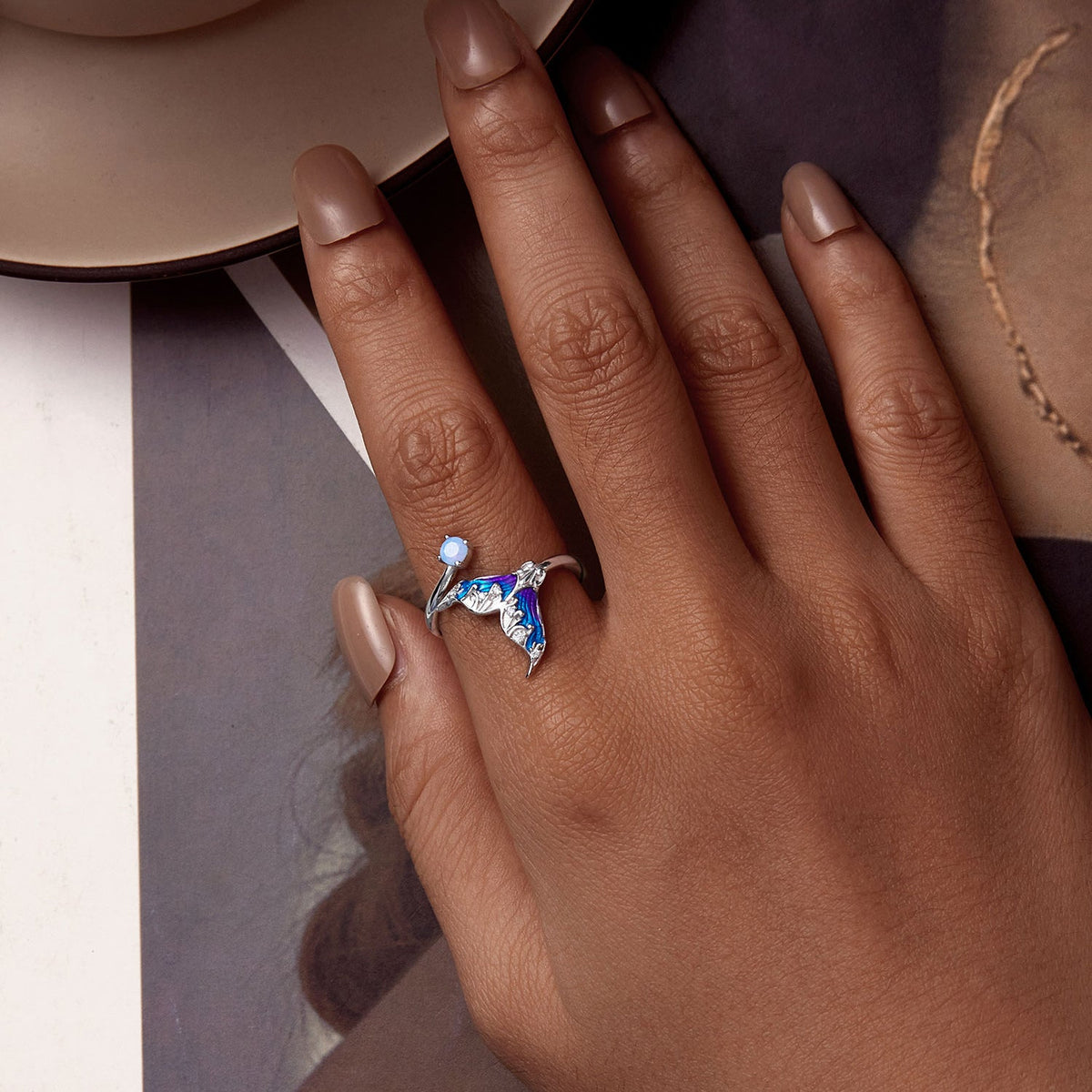 Sterling Silver Opal & Cubic Zirconia Pavé Enamel Ring